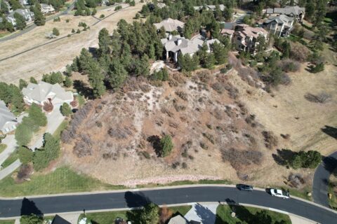 Village lake area after mitigation - overhead of roadway and hillside with brush removed near homes 