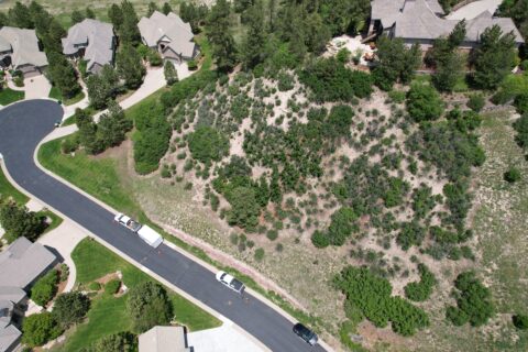 Village Lake area before mitigation project - overhead shot of a roadway with greenery that is dead and homes 