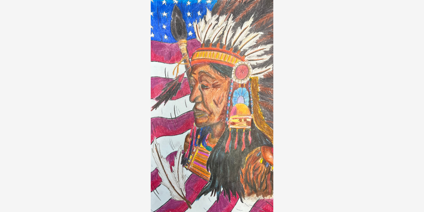 detailed, colored drawing of a Native American in a headdress, standing in front of an American Flag