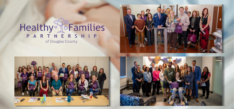 3 group photos of hospital partners at healthy family partnership launch events