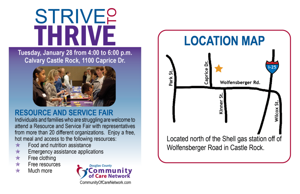 Strive to Thrive postcard providing details of the January 28, 2025 event along with a map of the location.